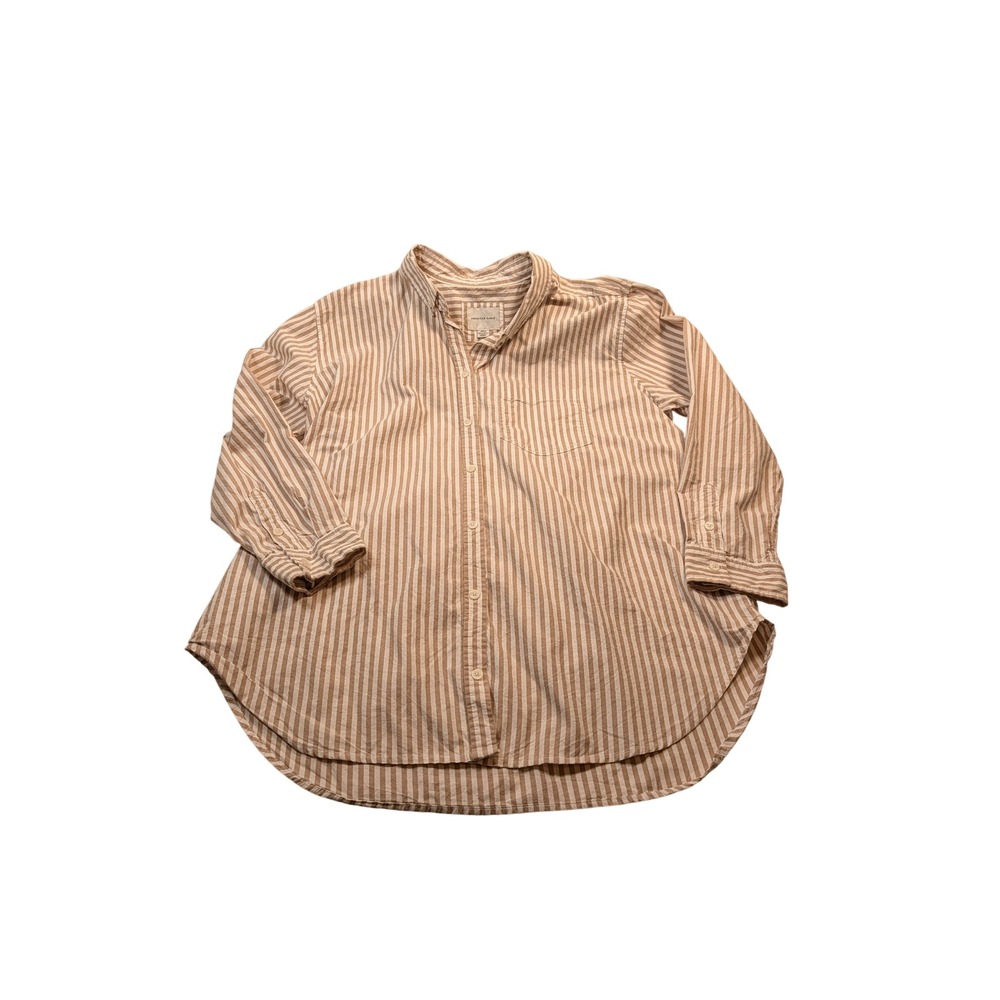 American Eagle Women Striped Button Down Shirt M Tan White 035-0355-4674